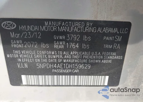 2013 Hyundai Elantra Gls z USA, uszkodzony, nr VIN 5NPDH4AE1DH159629